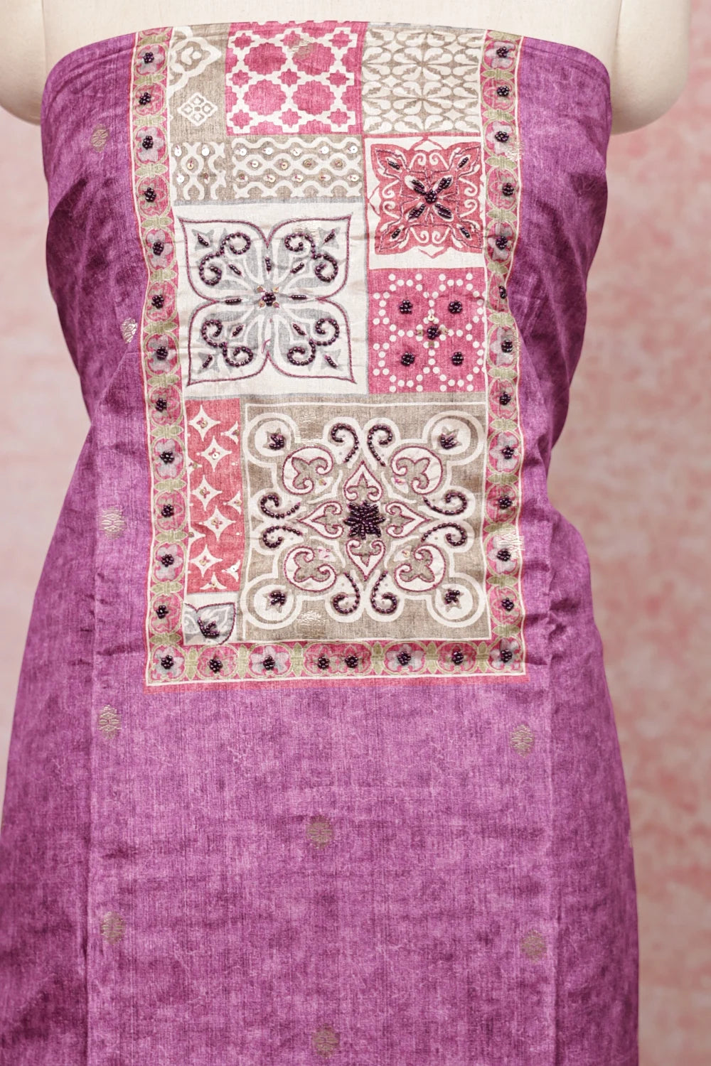 Lavender Semi Chanderi Beads Work Unstitched Churidhar Material