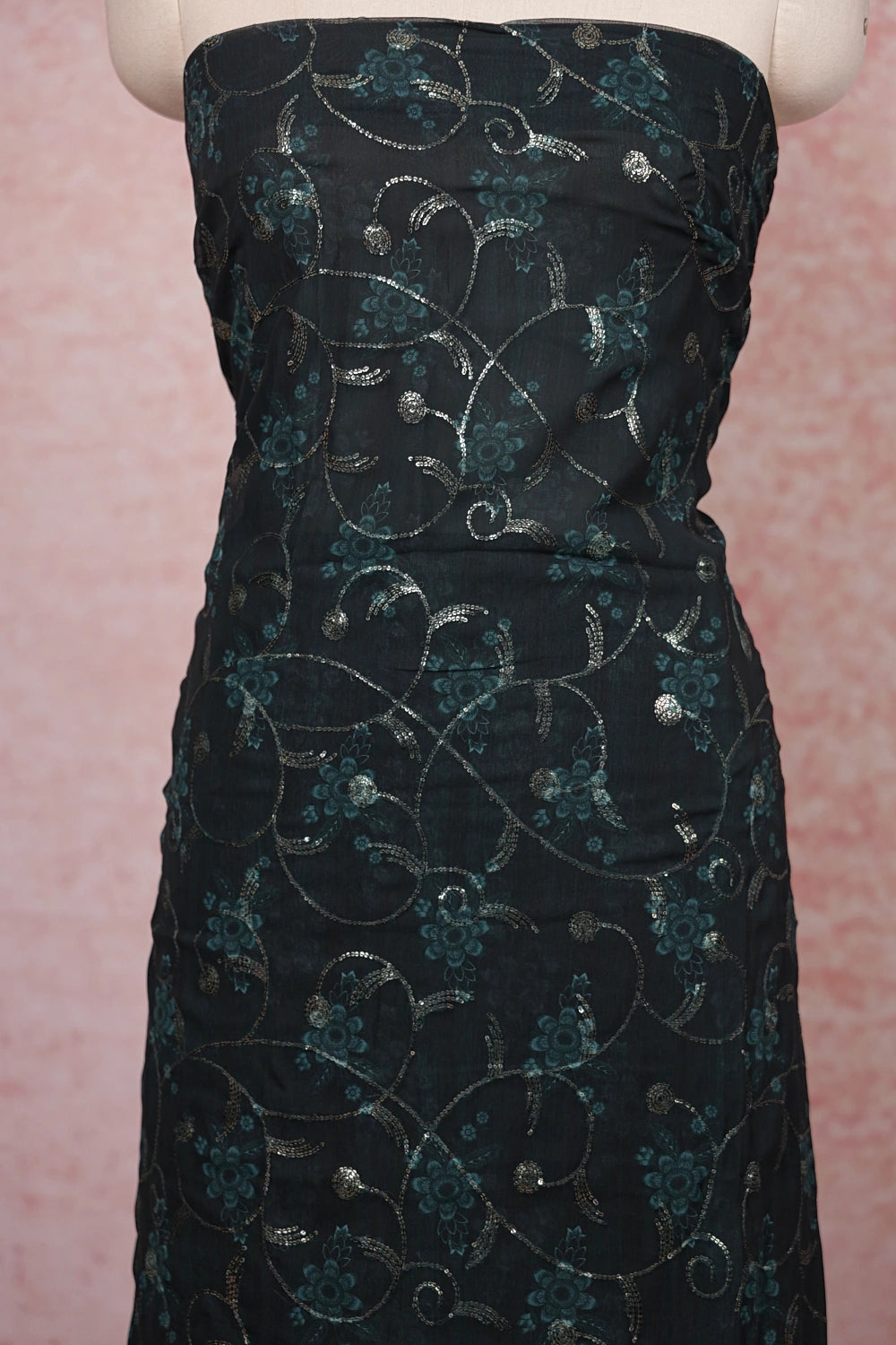 Dark Green Chiffon Sequines Unstitched Churidhar Material