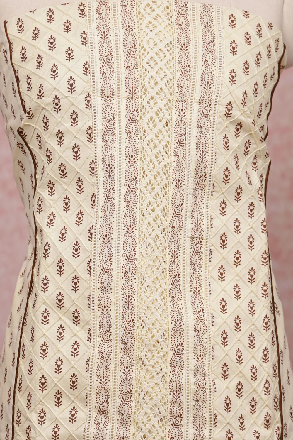 Cream Cotton Printed Unstitched Churidhar Material