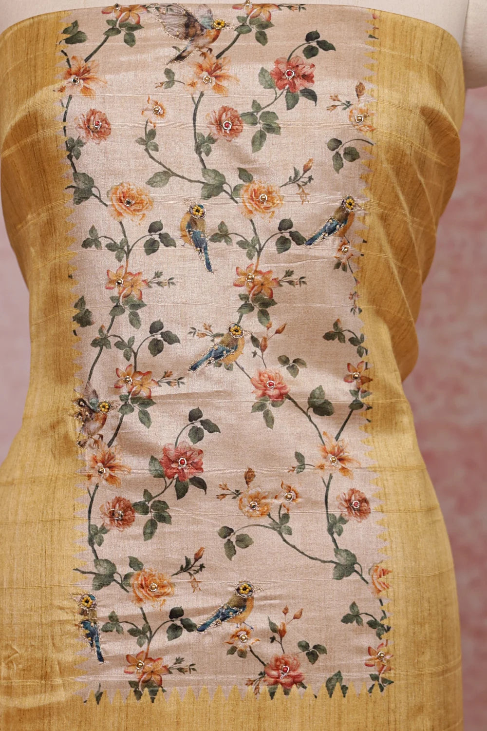 Yellow Semi Tussar Printed Unstitched Churidhar Material
