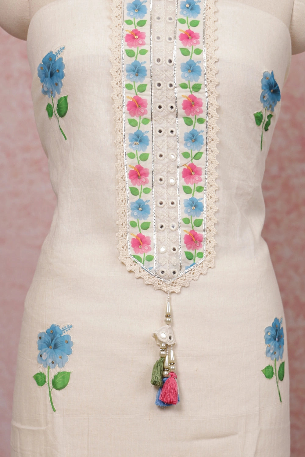 Cream Linen Applic Work Unstitched Churidhar Material