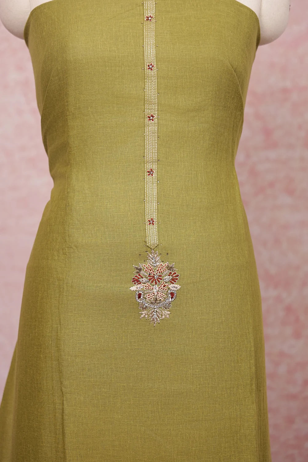 Moss Green Linen Beads Work Unstitched Churidhar Material
