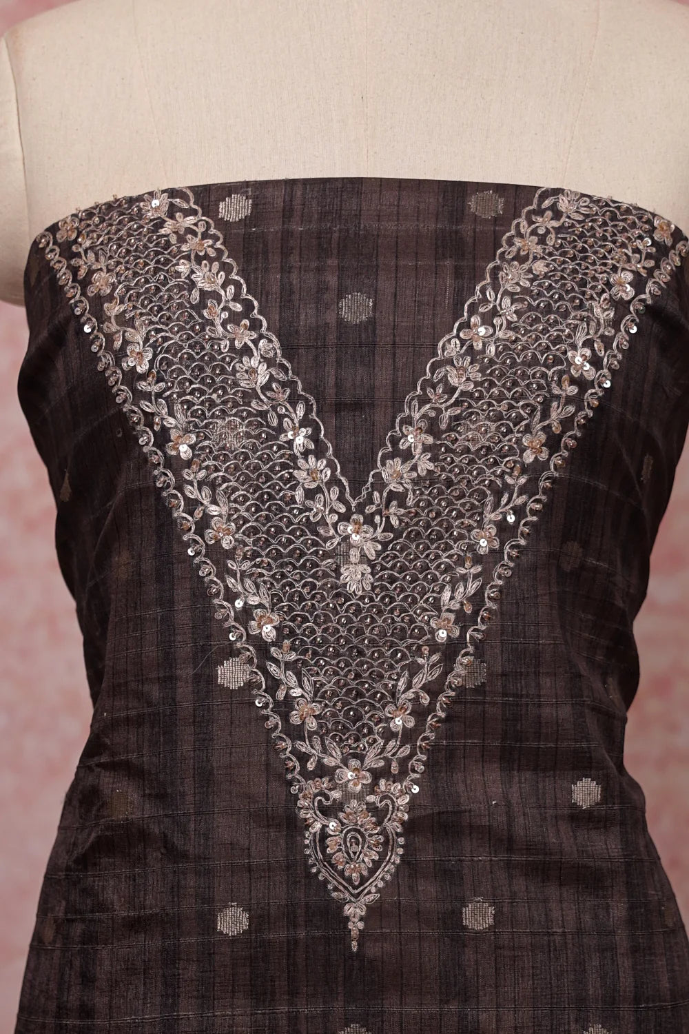 Dark Grey Chanderi Beads Work Unstitched Churidhar Material
