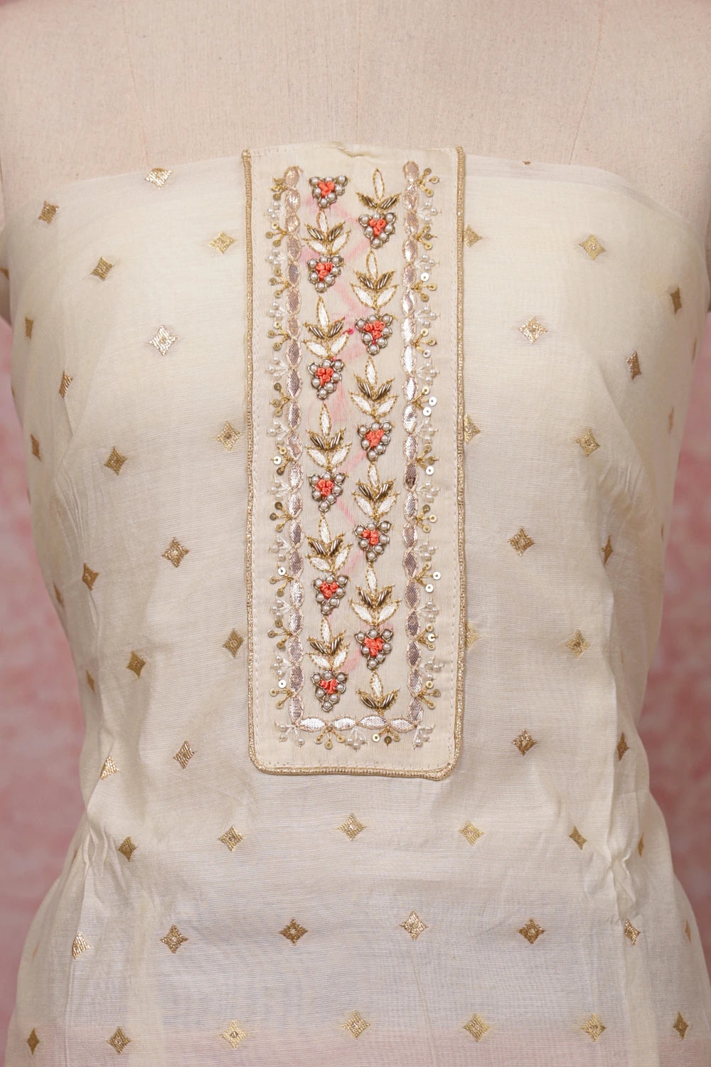 Cream Cotton Silk Butta Unstitched Churidhar Material