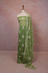 Light Olive Green Crush Organza Thread Work Unstitched Material