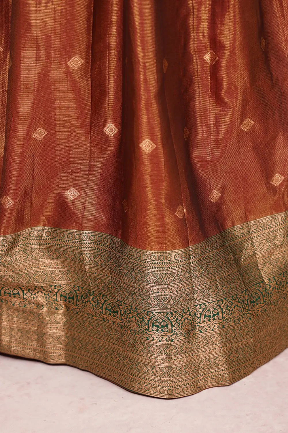 Light Red Brown And Dark Green Tissue Dhavani Set