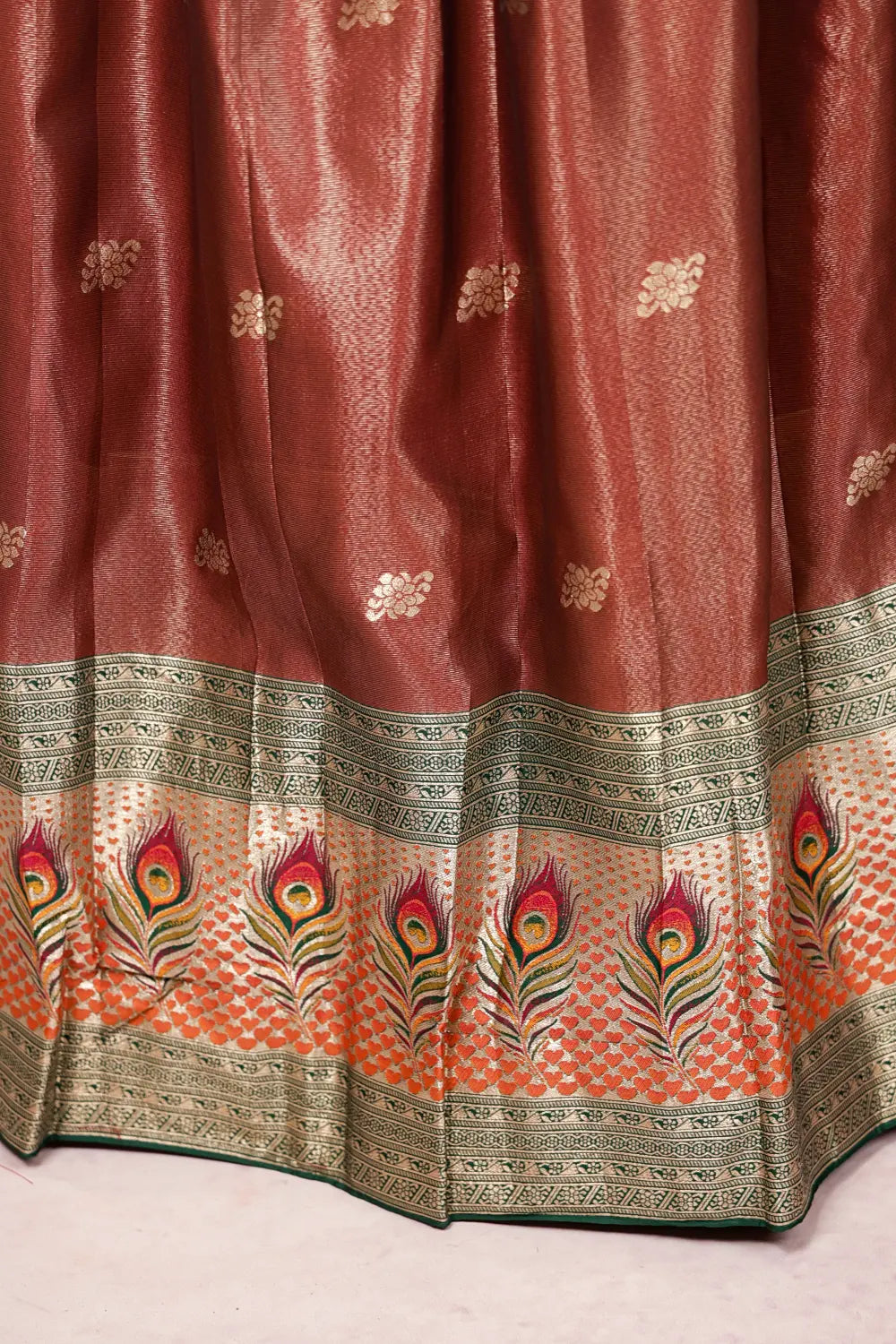 Brown With Green Semi Tissue Dhavani Set