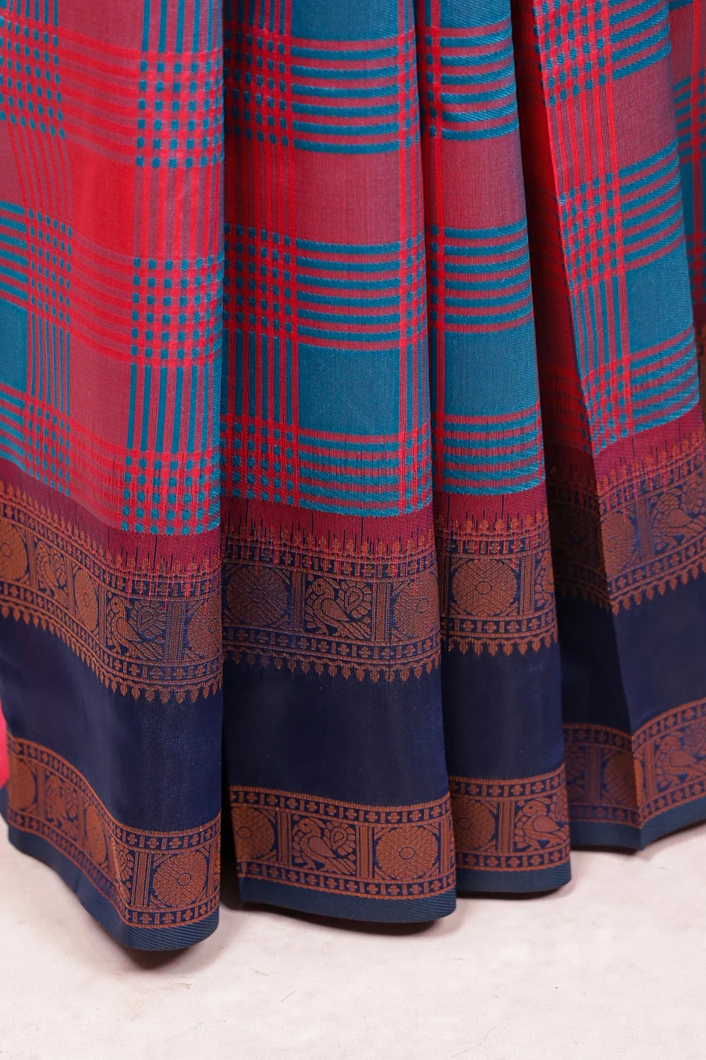 Blush Red And Teal Green Semi Silk Saree