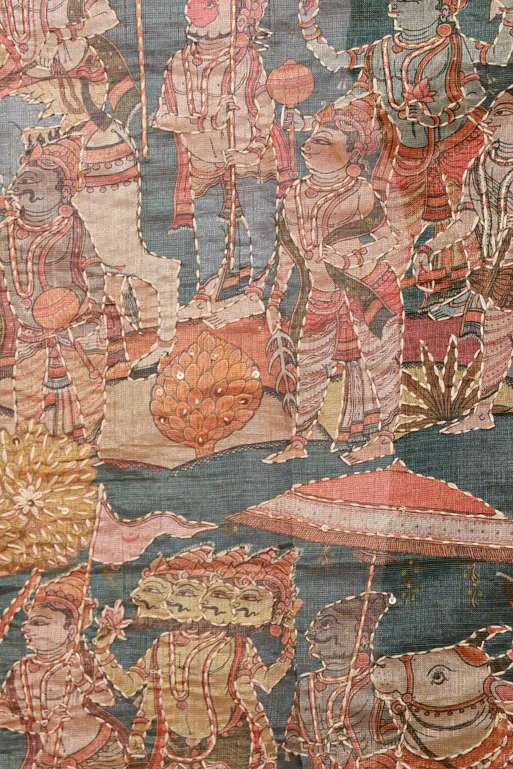 Green Tissue Silk Printed With Kantha Work Unstitched Churidhar Material