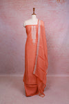 Burnt Orange Semi Chanderi Mirror Worked Unstitched Churidhar Material - Seematti