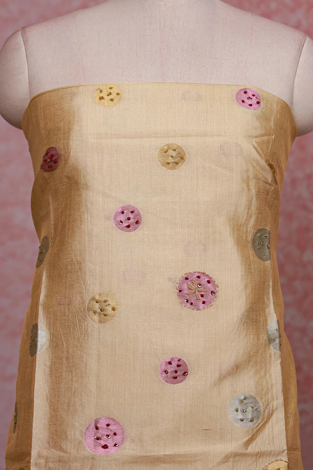 Champagne Color Semi Tussar Kantha Work Unstitched Churidhar Material
