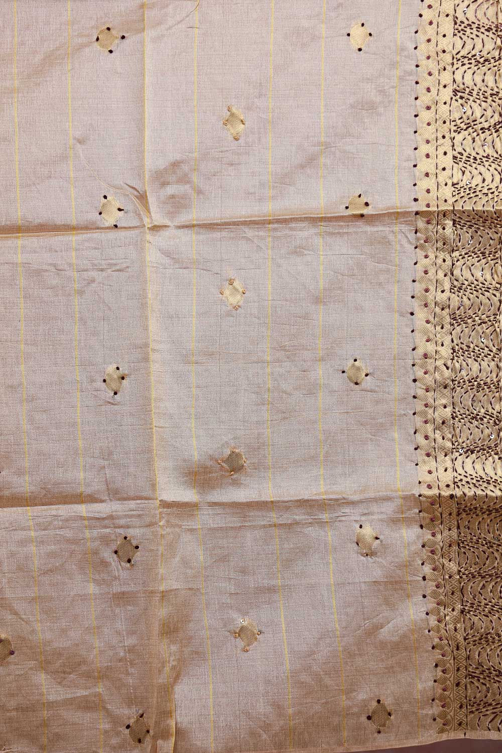 Golden Chanderi Tissue Kantha Stitched Unstitched Churidhar Material
