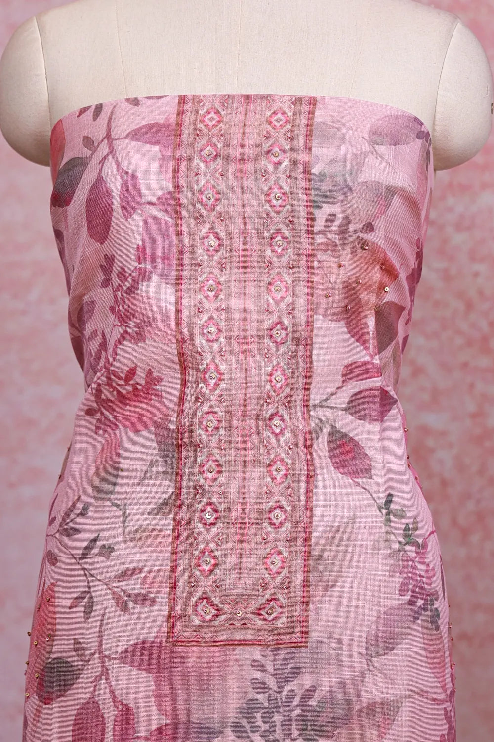 Pink Chanderi Tissue Printed Unstitched Churidhar Material - Seematti