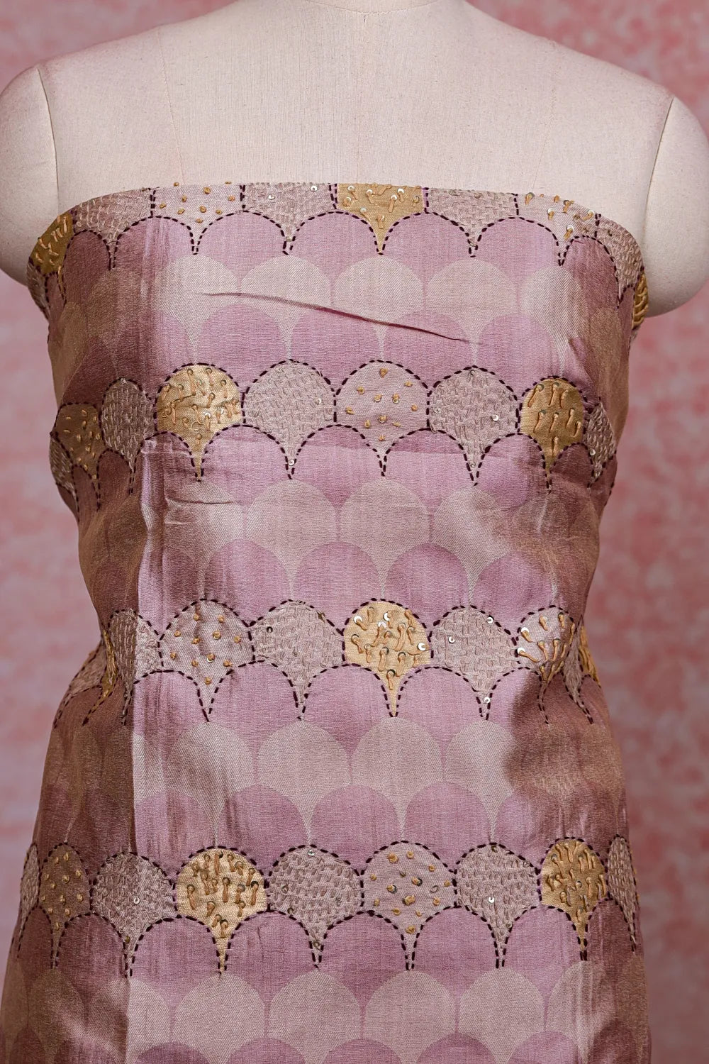 Lavender Chanderi Tissue Kantha Work Unstitched Churidhar Material