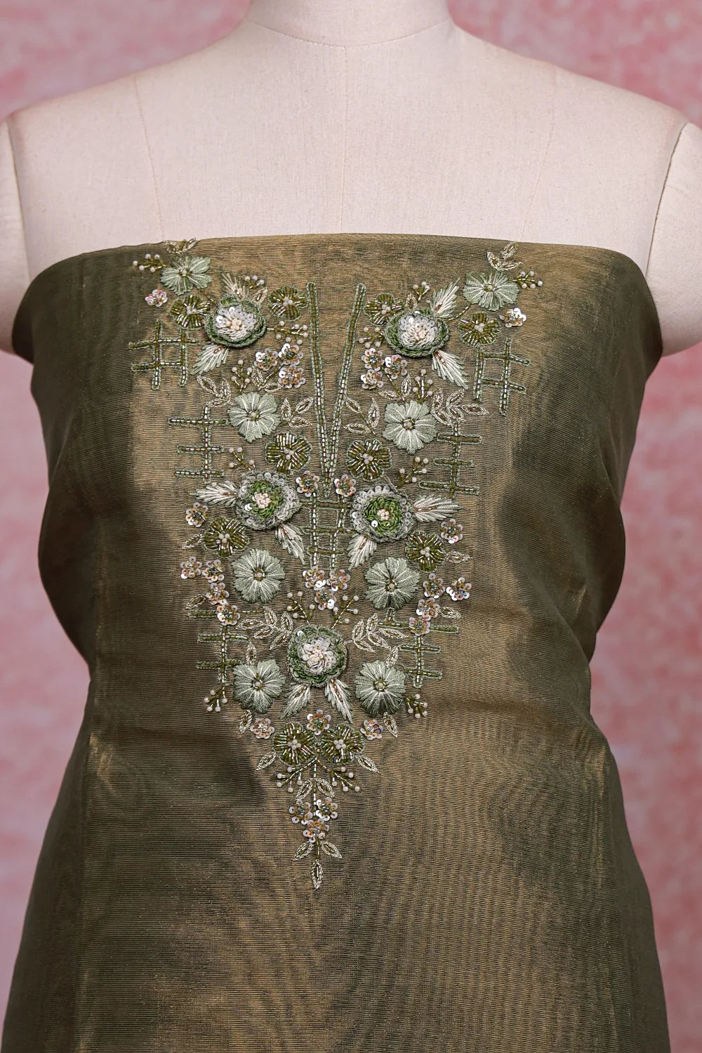 Green Tissue Beads Work Unstitched Churidhar Material