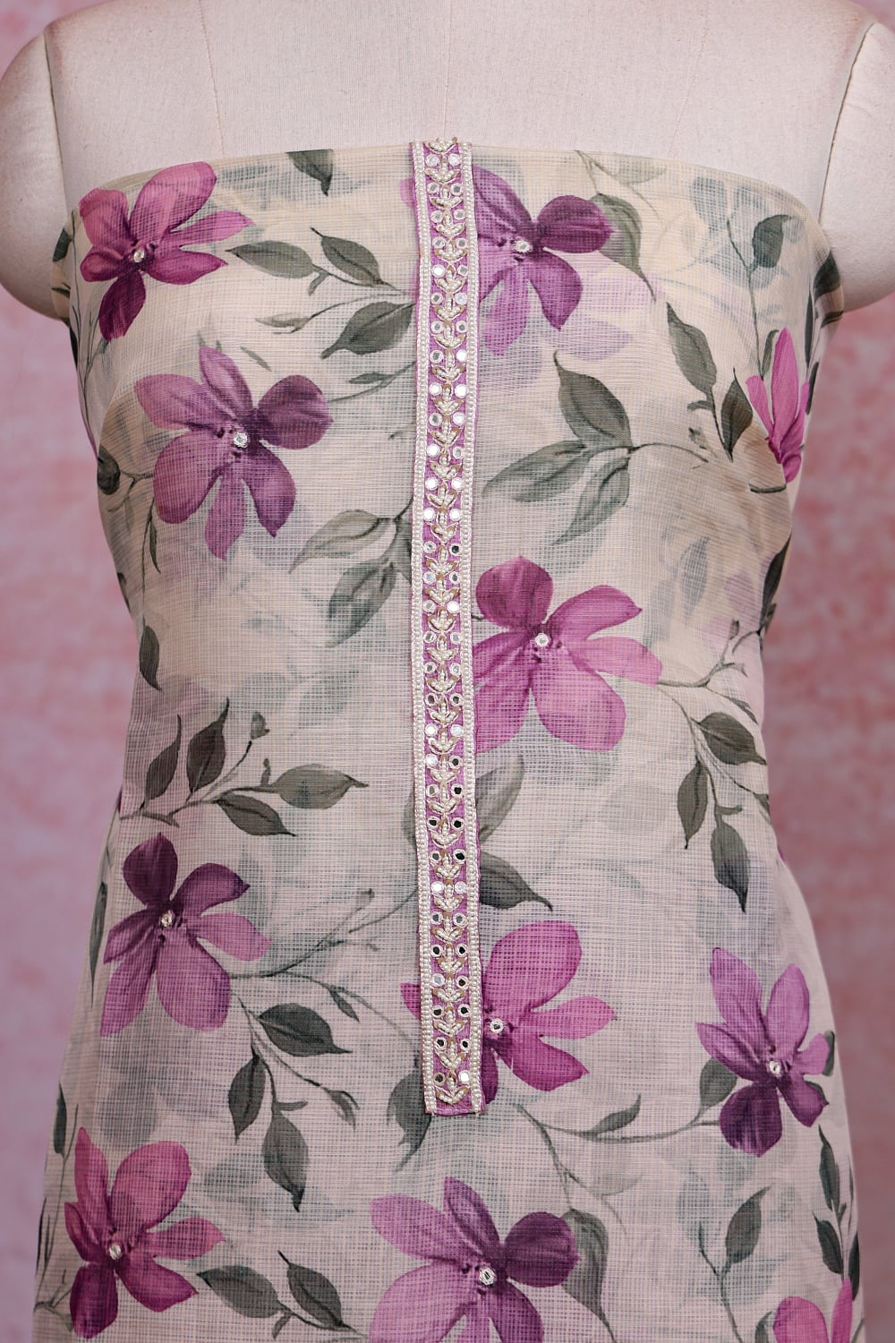 Off White Linen Floral Printed Unstitched Churidhar Material