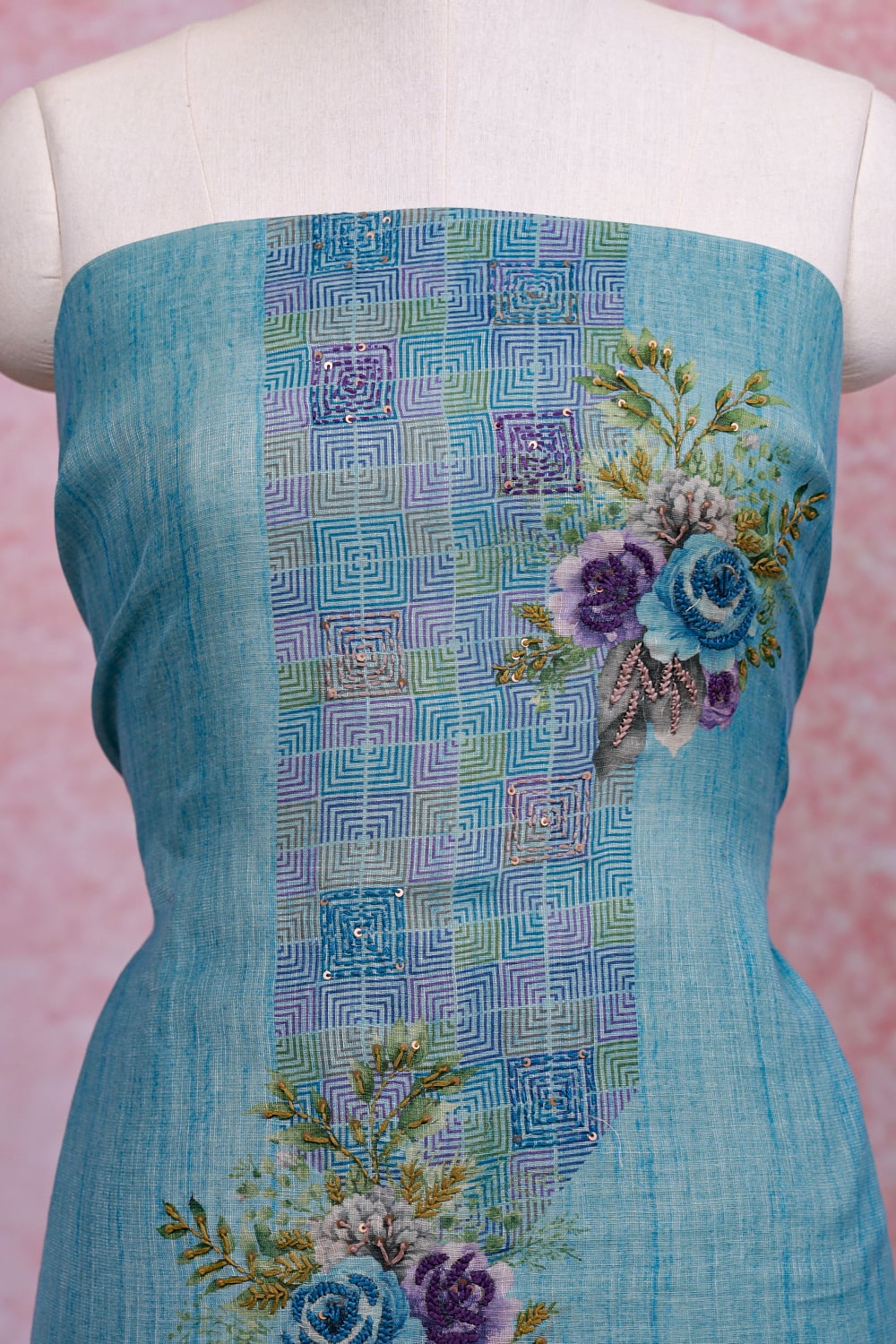 Sky Blue Linen Embroidery Unstitched Churidhar Material