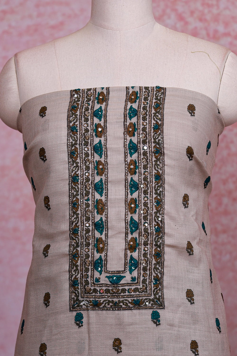 Cream Linen Embroidery Unstitched Churidhar Material