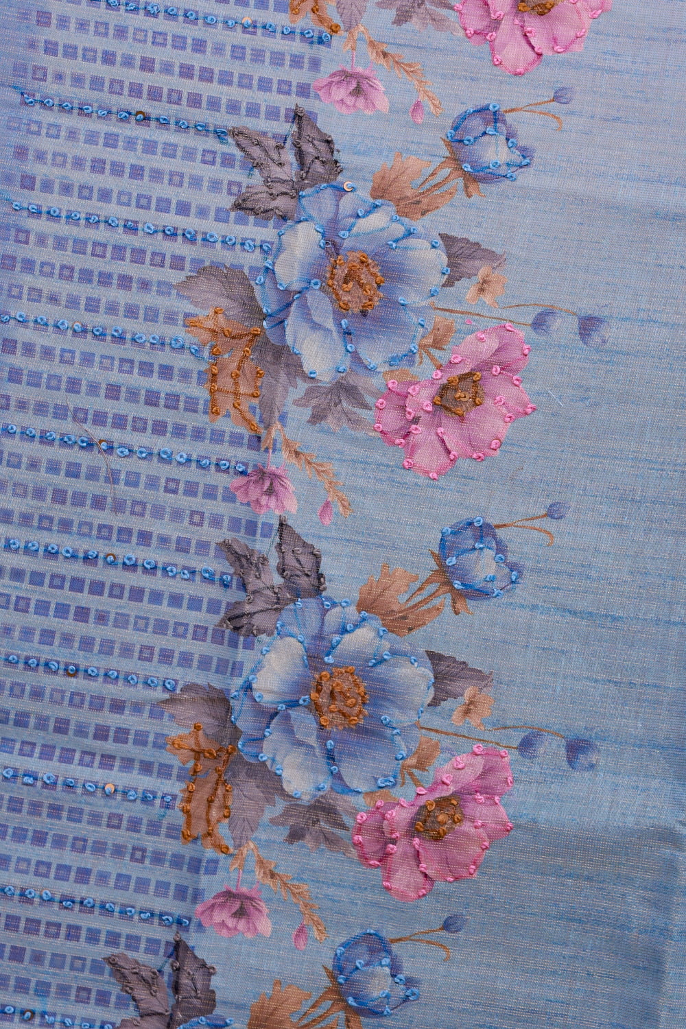 Blue Linen Tissue Kantha Stitched Unstitched Churidhar Material