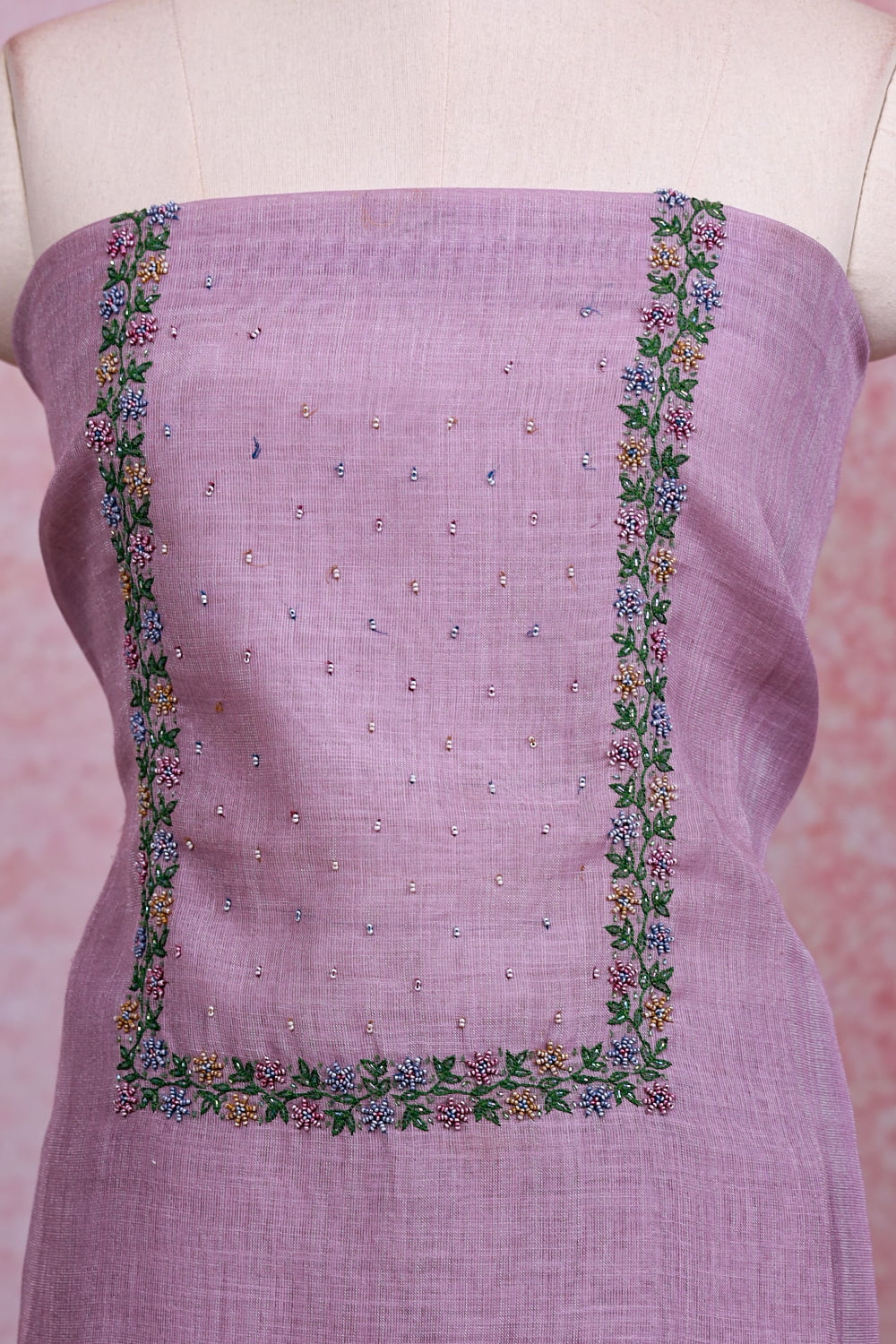 Lavender Linen Tissue Beads Work Unstitched Churidhar Material