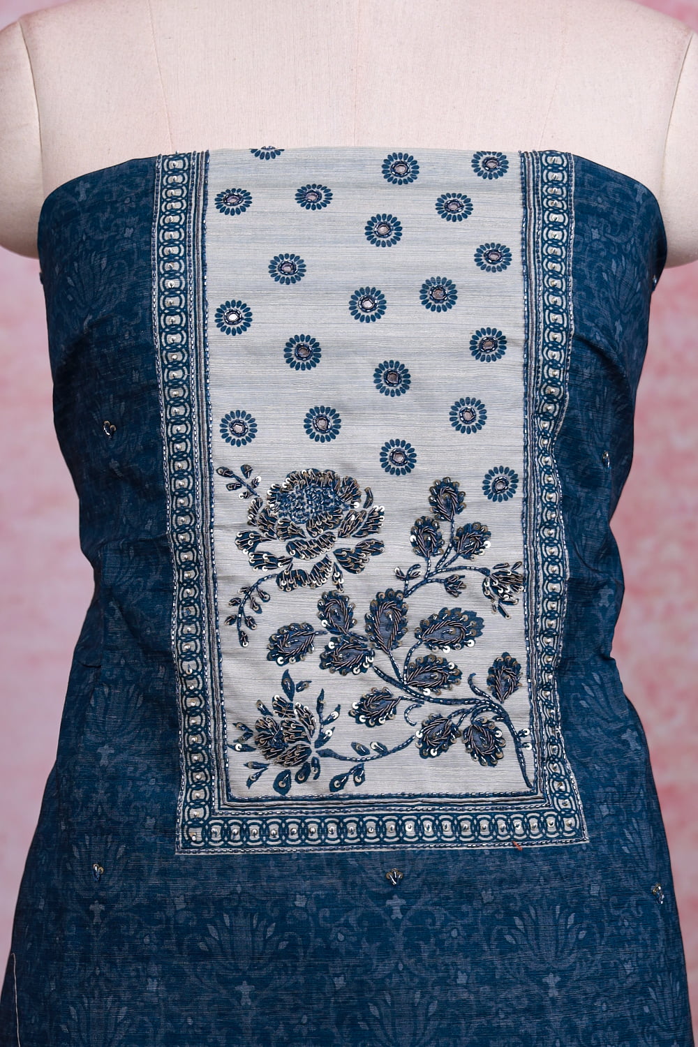 Blue Semi Silk Printed Unstitched Churidhar Material