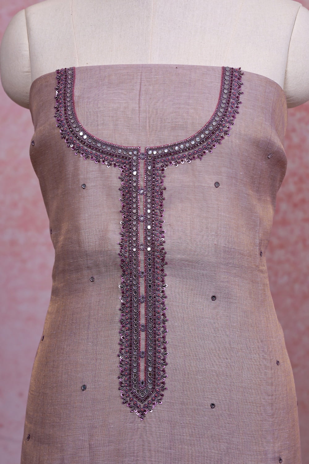 Lavender Chanderi Tissue Mirror Work Unstitched Churidhar Material