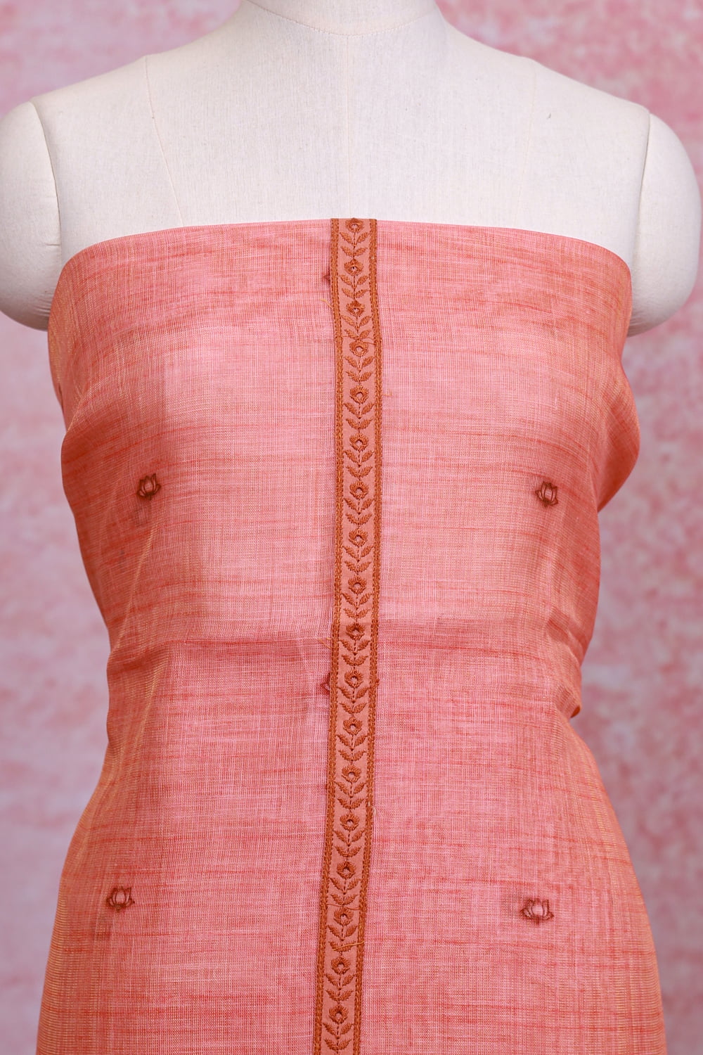Dark Peach Linen Tissue Embroidery Unstitched Churidhar Material