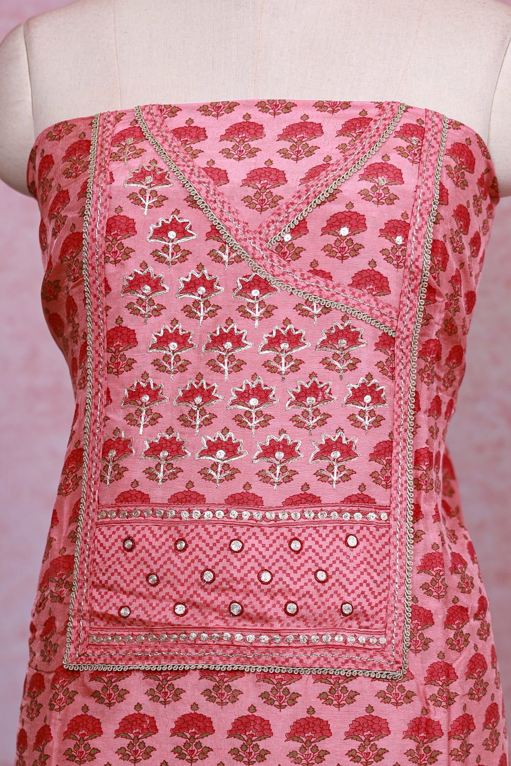 Peach Chanderi Silk Printed Unstitched Churidhar Material