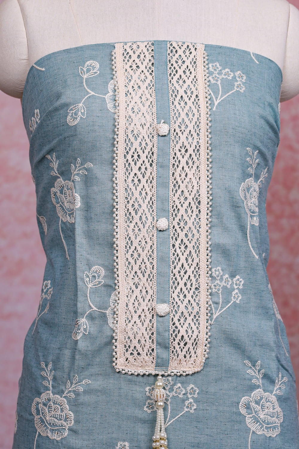 Pastel Blue Linen Cotton Embroidery Unstitched Churidhar Material