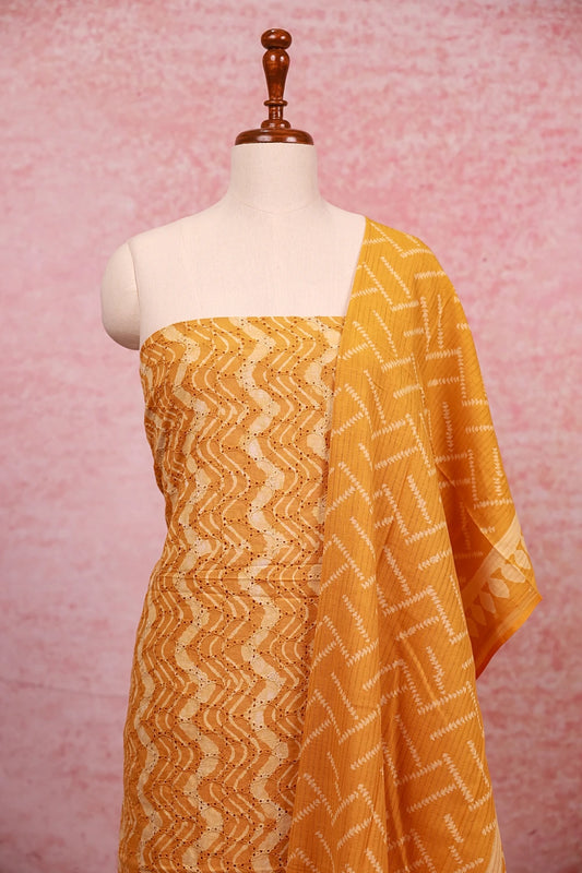 Bright Orange Hakoba Printed Unstitched Churidhar Material