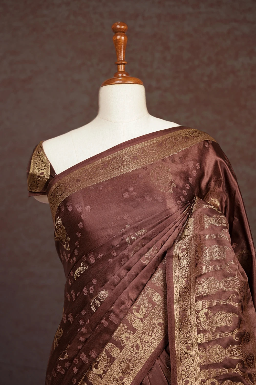 Brown Satin Crepe Self Thread With Zari Butta Saree With Zari Border - Seematti