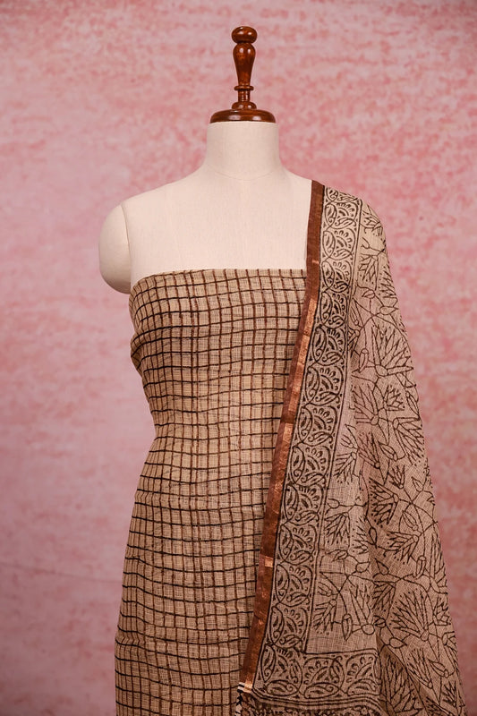 Cream Net Kota Check Unstitched Churidhar Material