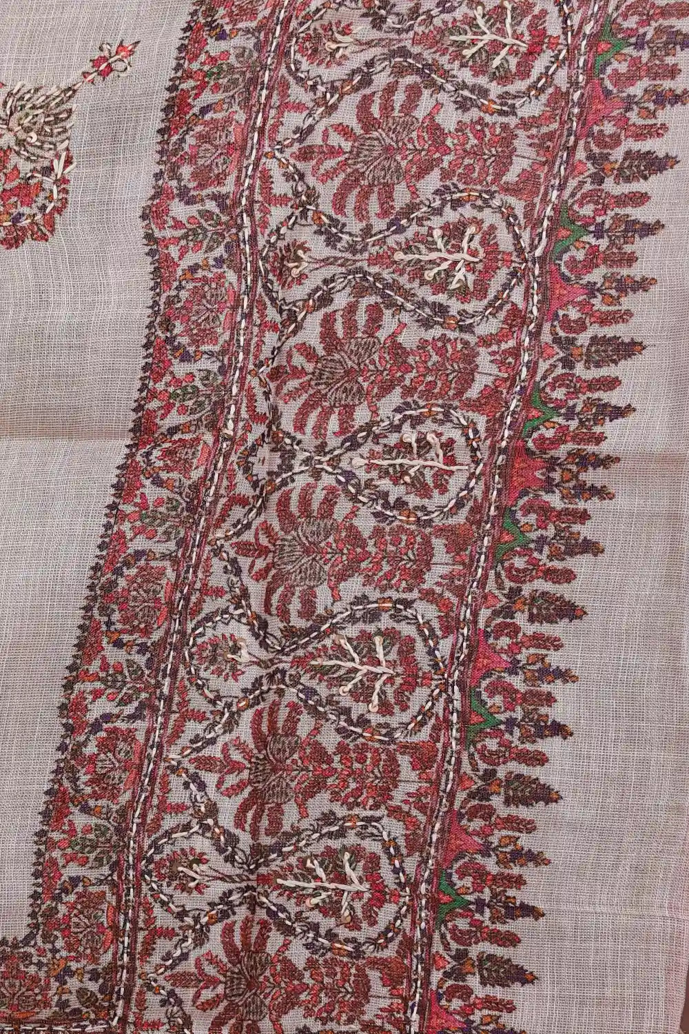 Cream Tissue Silk Kantha Stitched Unstitched Churidhar Material - Seematti