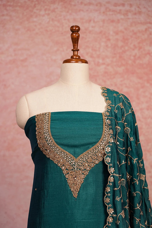 Dark Green Vichitra Silk Beads Work Unstitched Churidhar Material