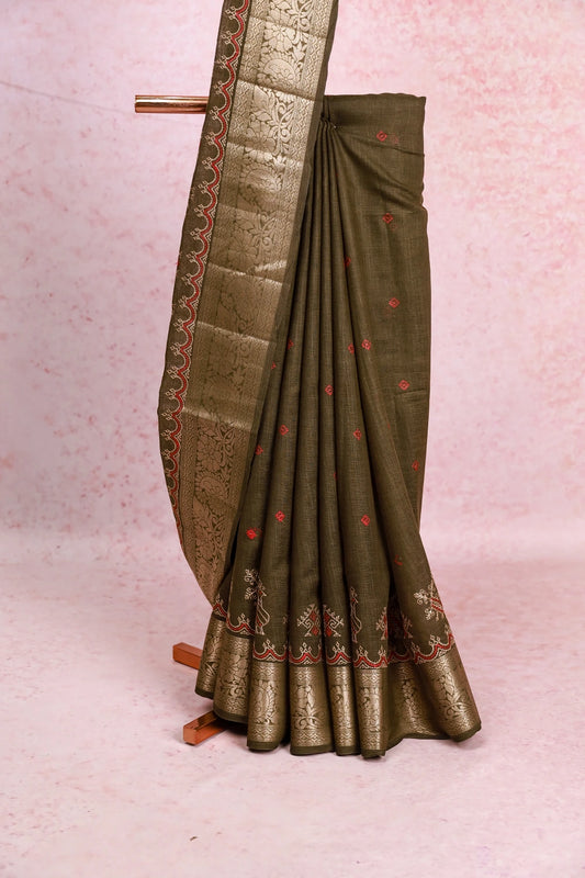 Dark Olive Green Semi Linen Saree
