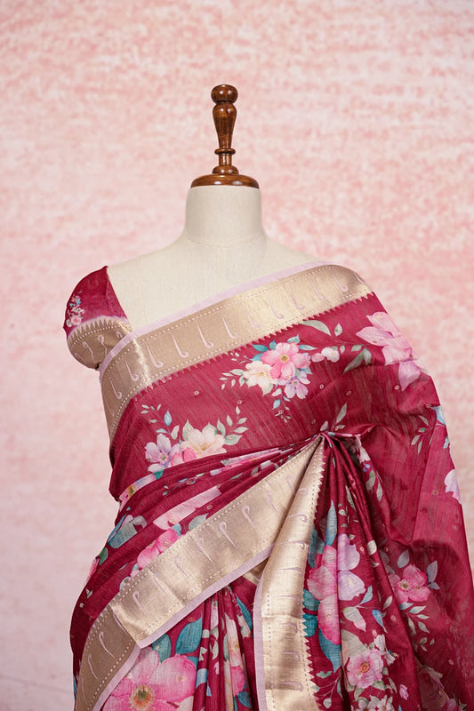Dark Onion Pink Semi Jute Saree - Seematti
