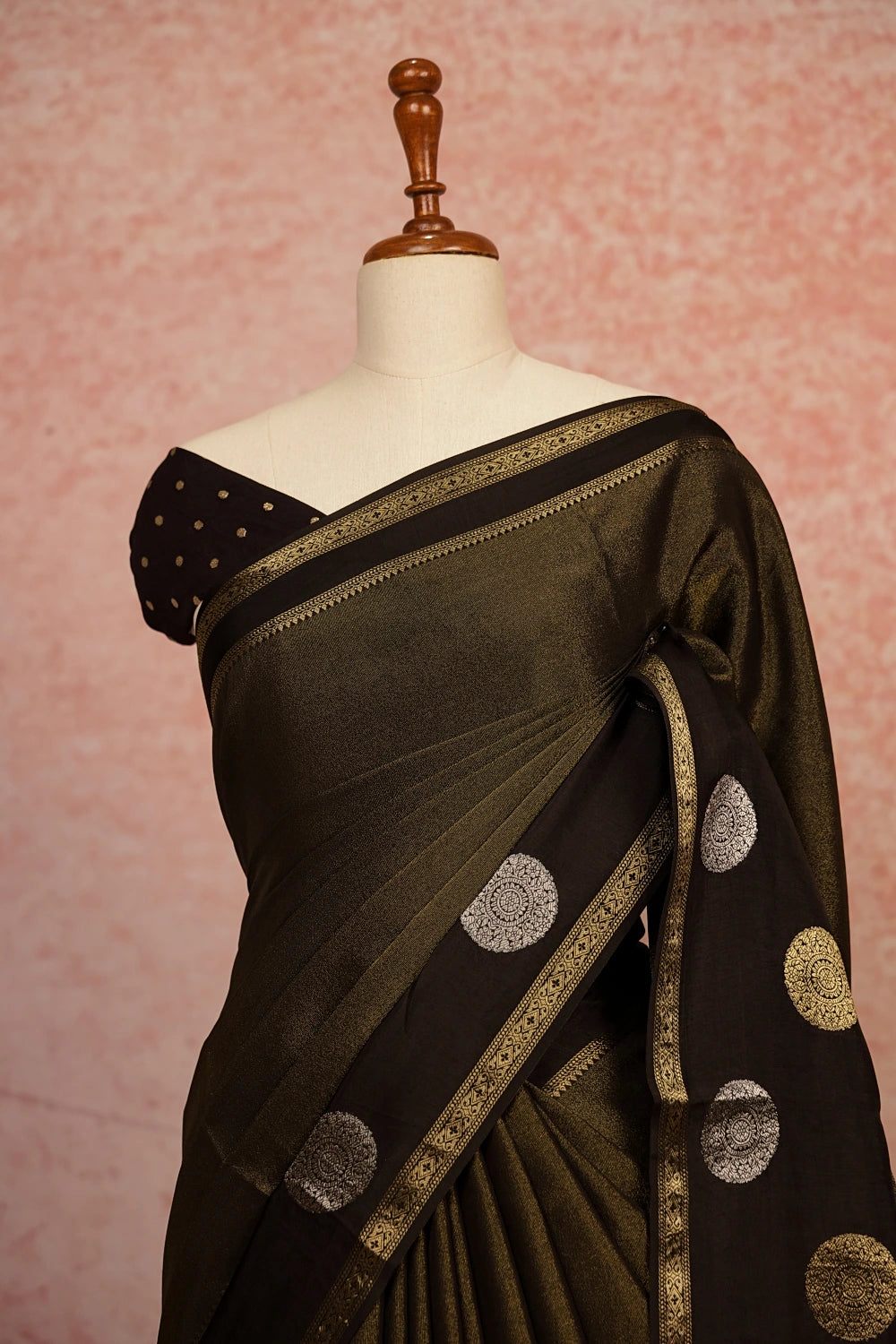 Golden Black Semi Banarasi Saree