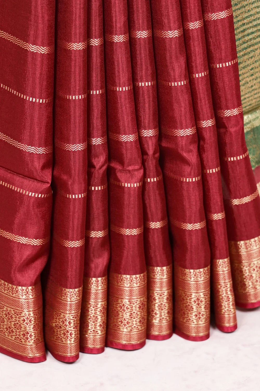 Green And Maroon Semi Silk Lines Saree With Designer Border - Seematti