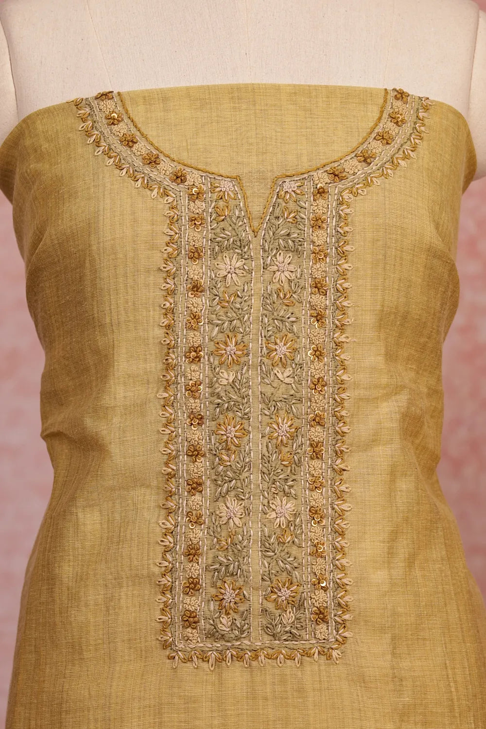 Light Yellow Chanderi Silk Thread Work Unstitched Churidhar Material