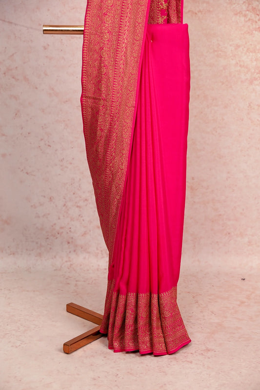 Magenta Pink Crepe Banarasi Saree