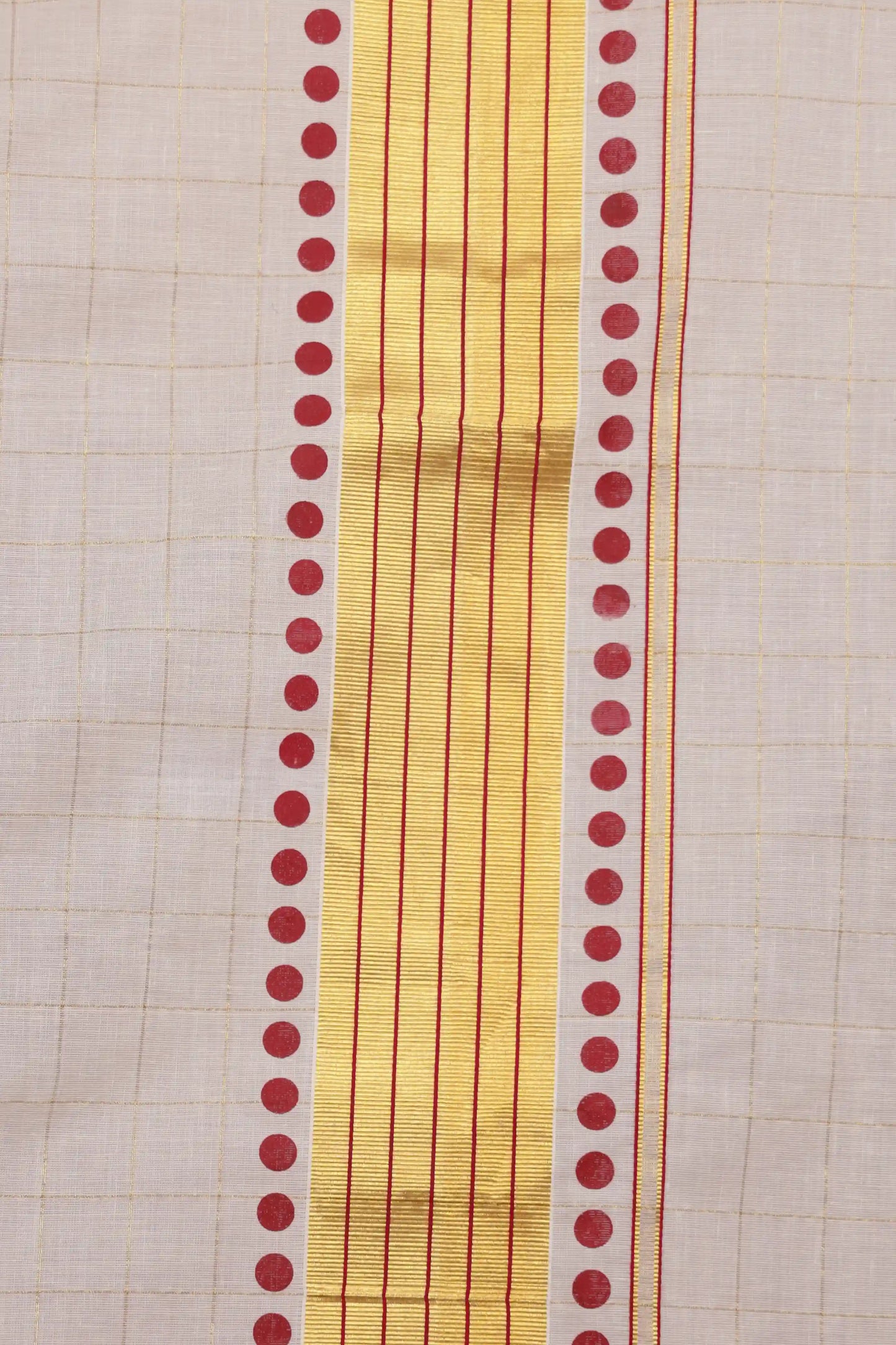 Off White Cotton Checks Kerala Saree With Golden Border - Seematti