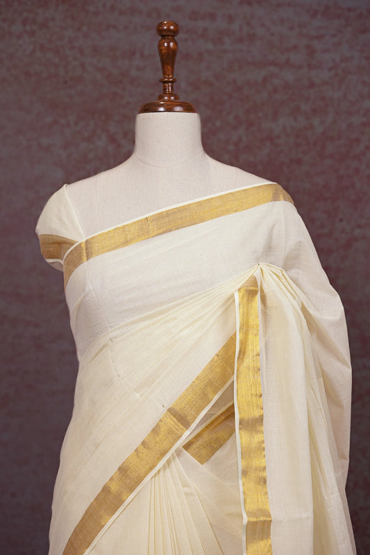 Off White Cotton Kerala Saree - Seematti