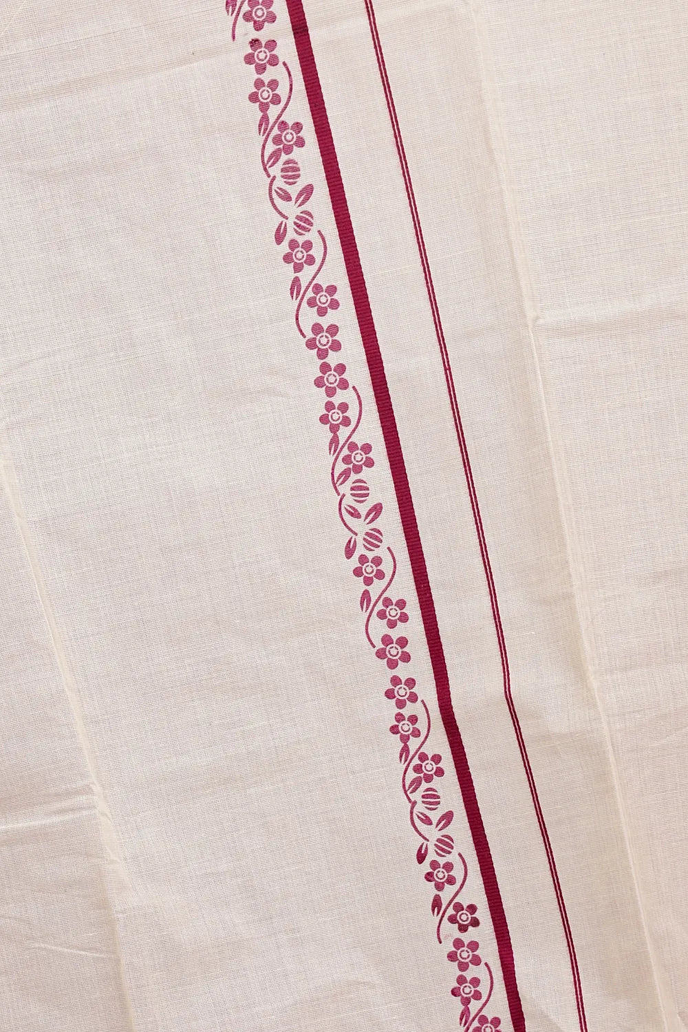 Off White Cotton Plain Kerala Set Mundu With Printed Border - Seematti