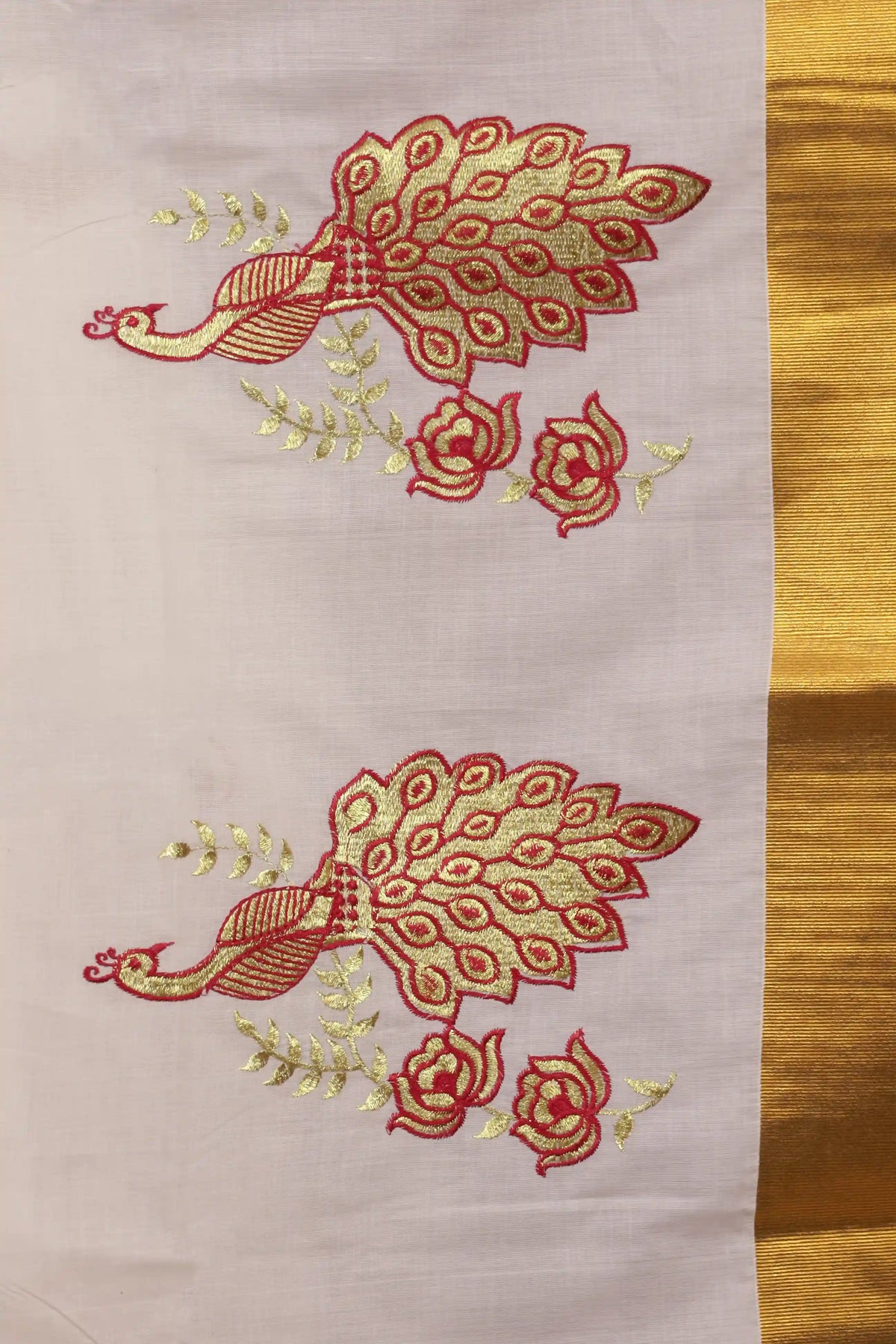 Off White Cotton Zari And Thread Work Kerala Saree With Golden Border - Seematti