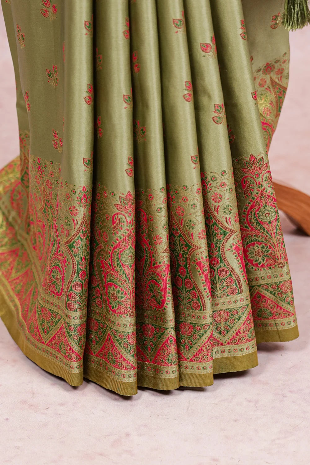 Olive Green Satin Banarasi Saree - Seematti