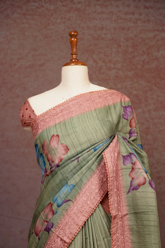 Pastel Green Tussar Jute Saree
