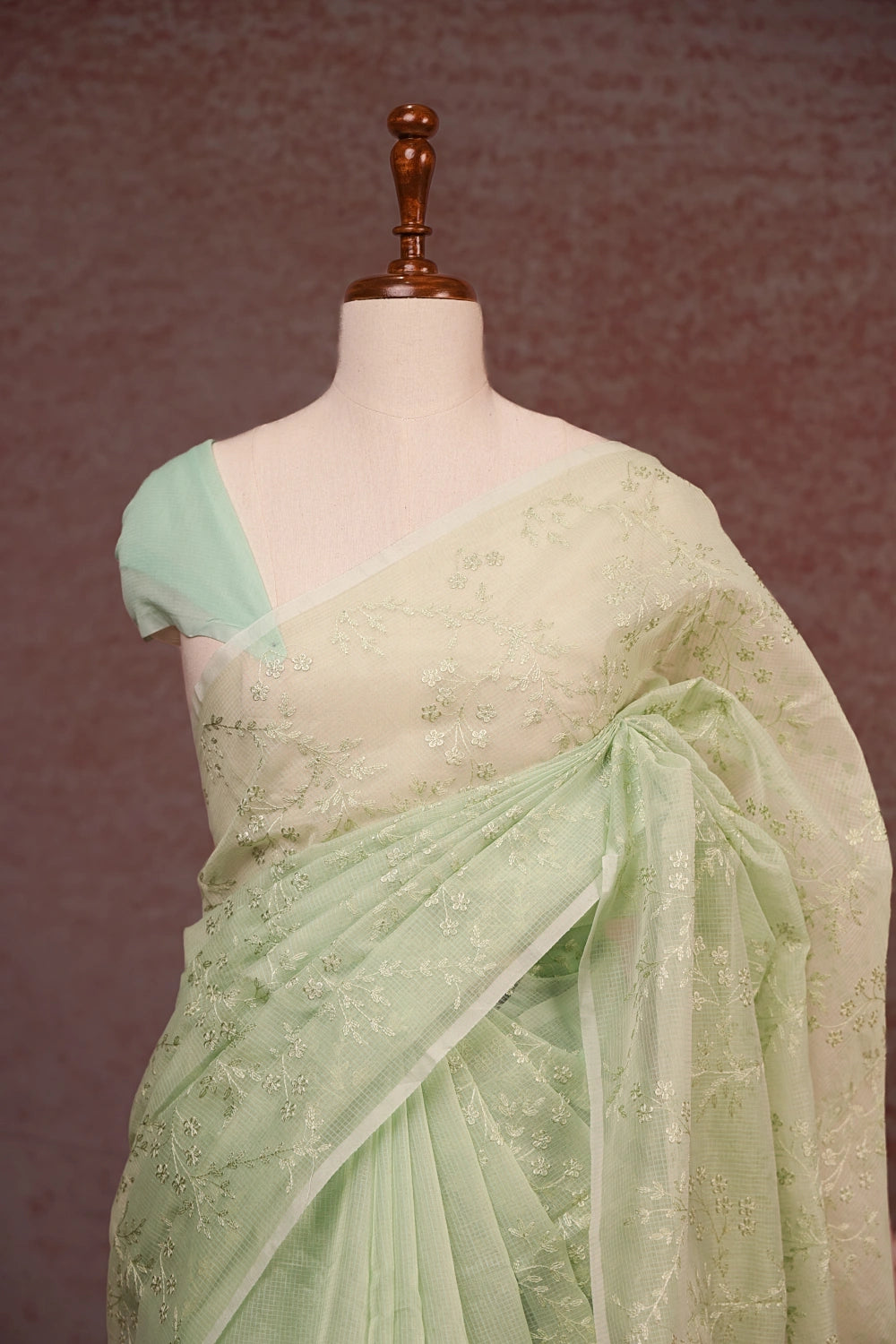 Pista Green Net Kota Thread Work Saree Without Border - Seematti