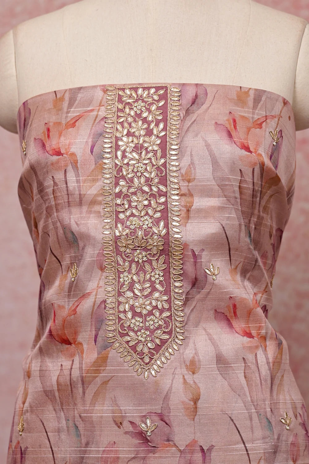 Rose Gold Chanderi Printed Unstitched Churidhar Material - Seematti