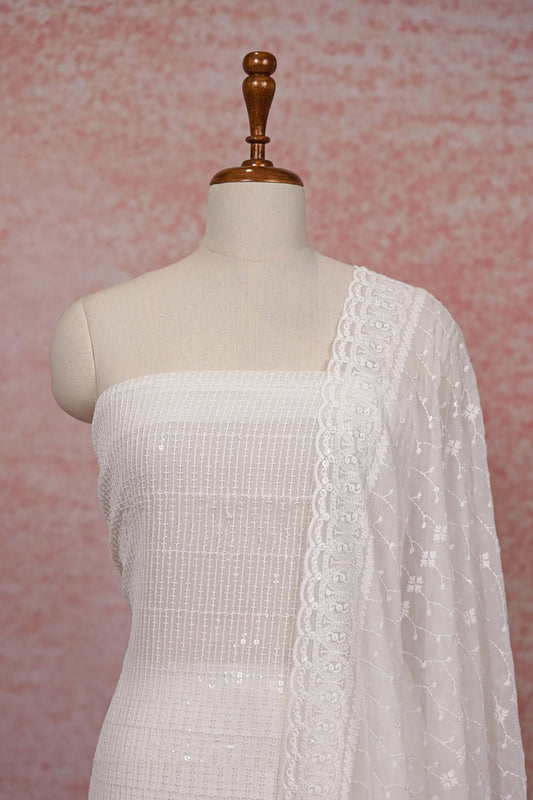 White Georgette Sequines Unstitched Churidhar Material - Seematti