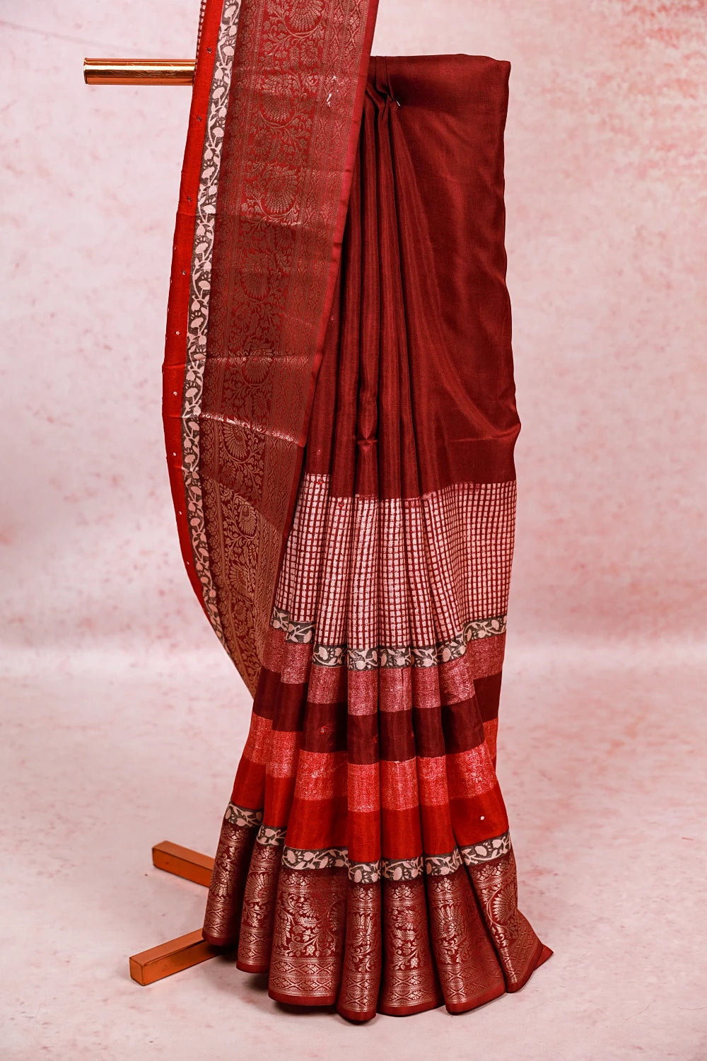 Wine Dola Silk Striped Saree With Mirror Work Border - Seematti